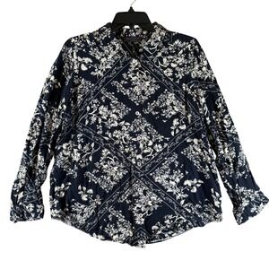M&S Collection Blouse 10 Floral Bandana Print Black White Button Down 0176